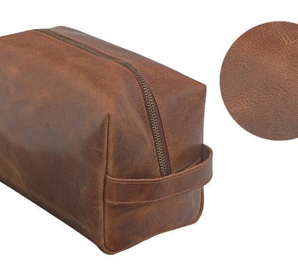 Premium Leather Unisex Toiletry Travel Pouch, Cosmetic Bag Organizer Stylish Waterproof Lining Vintage Unisex Kit