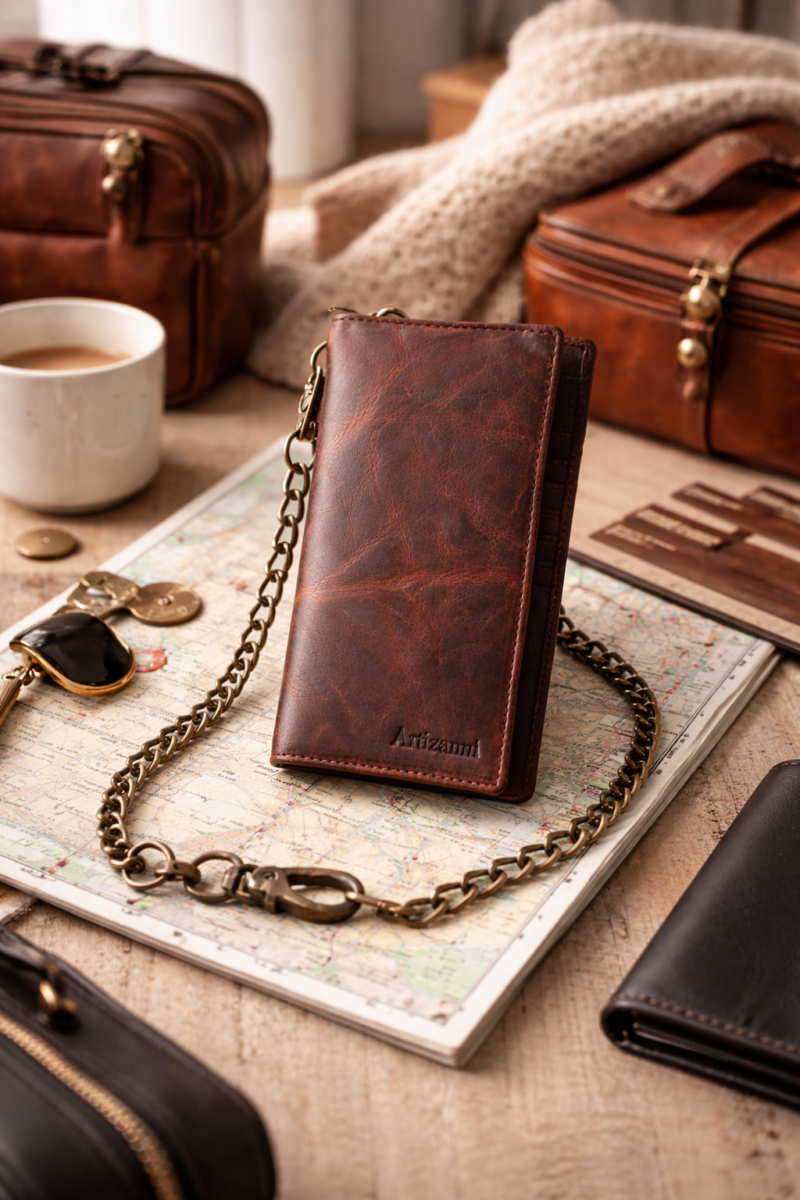 Flag Long Wallet Biker- Vintage Leather, RFID Blocking