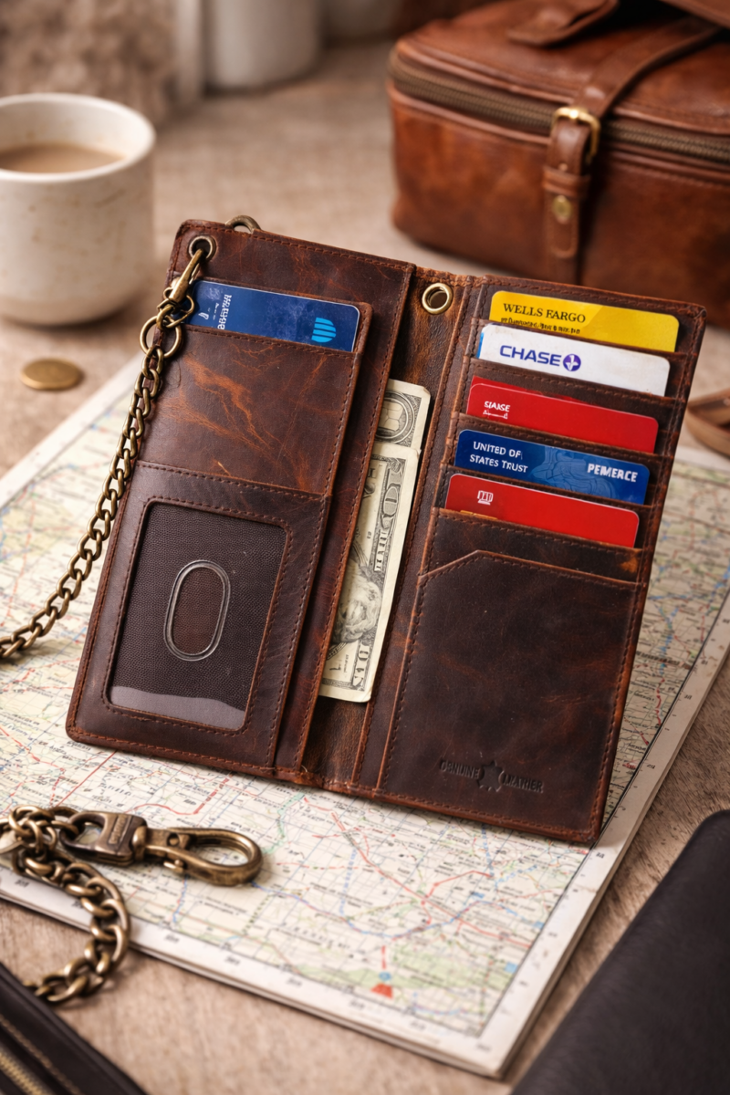 Flag Long Wallet Biker- Vintage Leather, RFID Blocking