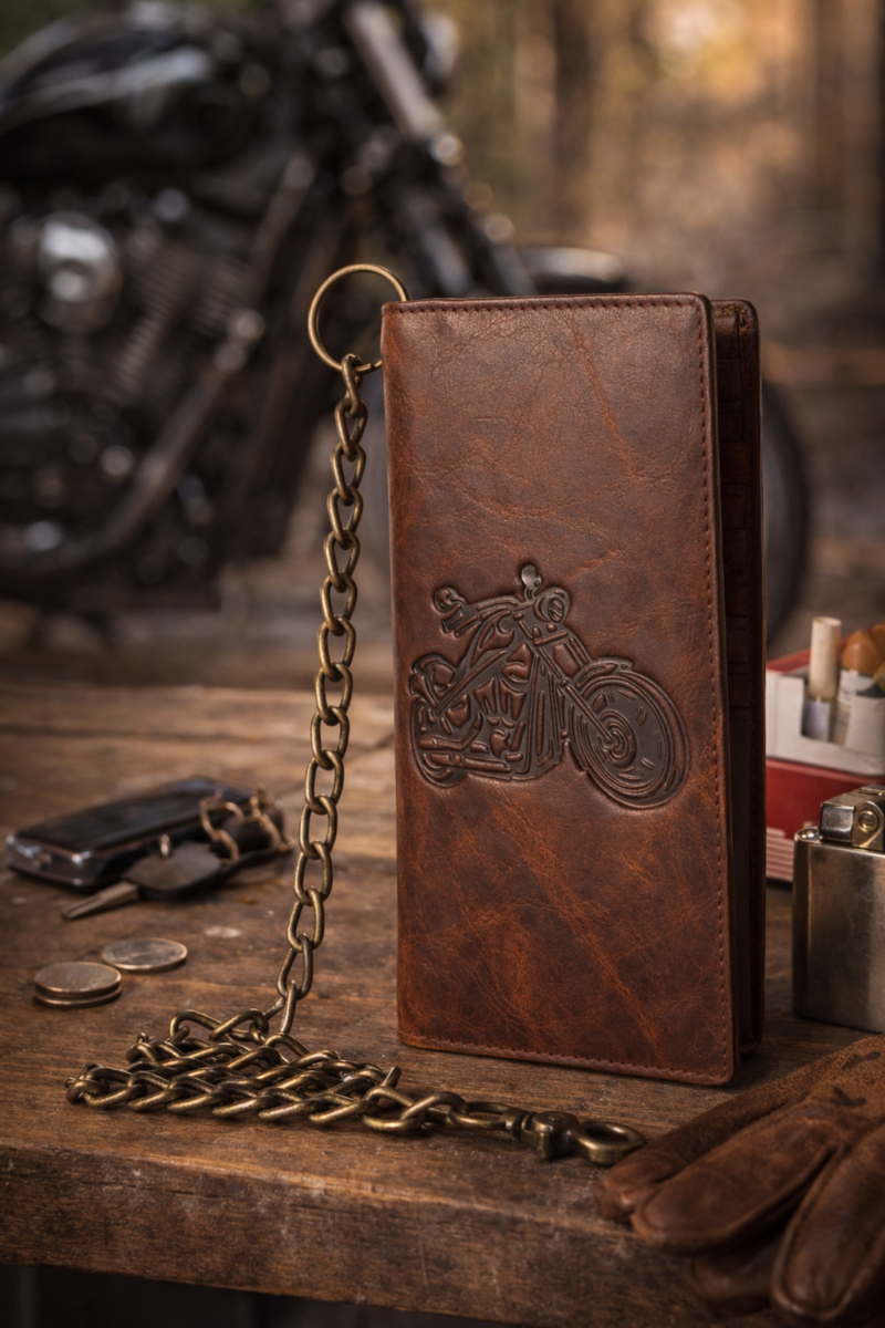 Flag Long Wallet Biker- Vintage Leather, RFID Blocking (3.5” W * 8” H * 0.25” D)